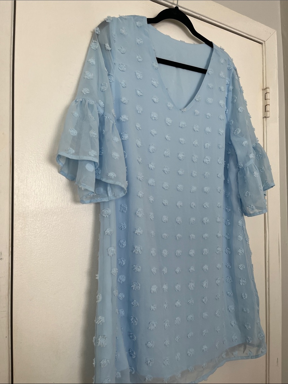 Light Blue V-Neck Mini Dress with Ruffle Sleeves